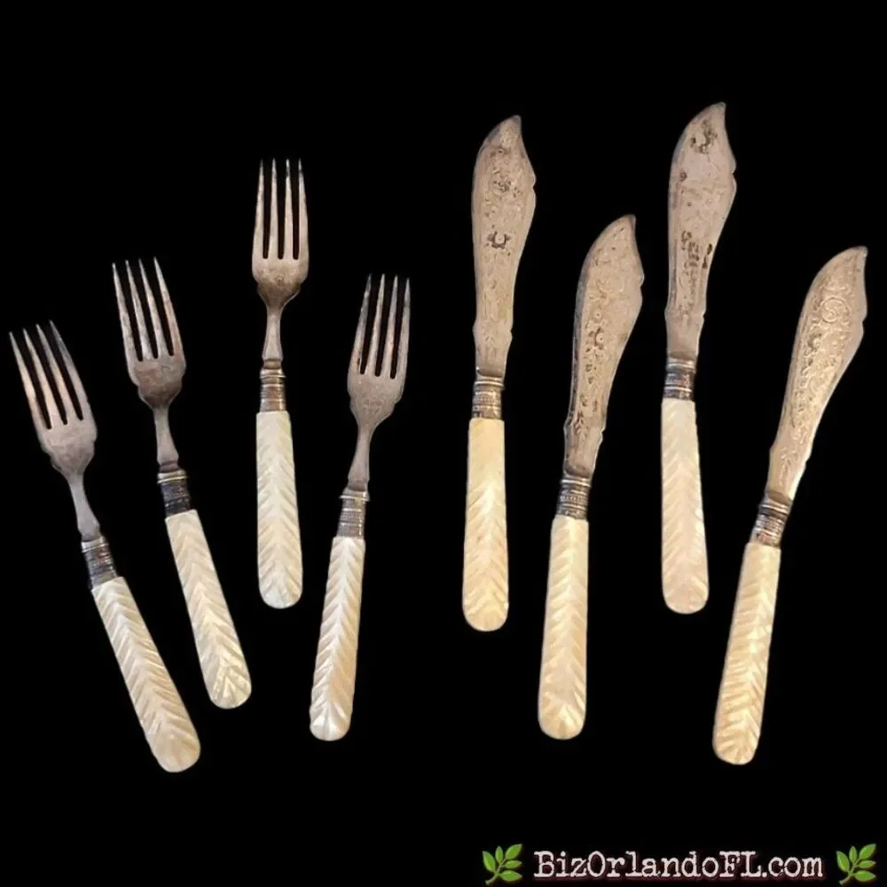Antique Mother of Pearl Fish Set 4 Knives 4 Forks Chevron Carved Silverplate 8pc